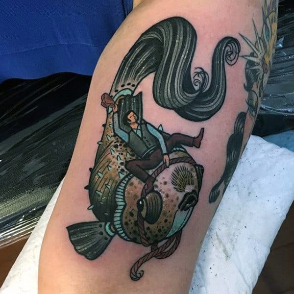 Creative Colorful Illustrative Man Laying On Fish Tattoo