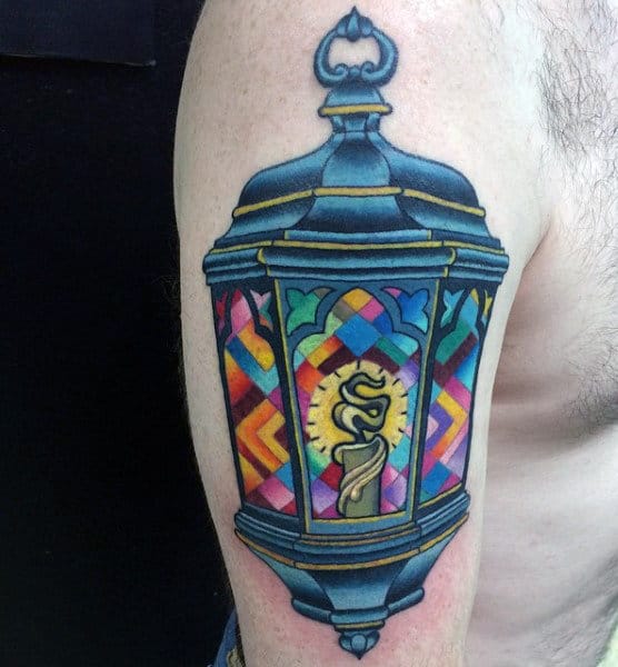 Creative Colorful Stained Glass Gas Lamp Mens Upper Arm Tattoos