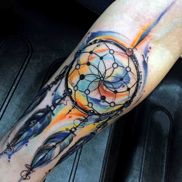 Creative Colorful Watercolor Mens Dreamcatcher Tattoo Design