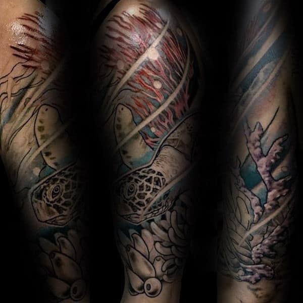 Creative Coral Reef Guys Sleeve Tattoo