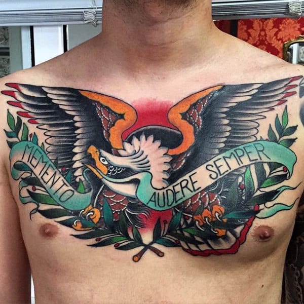 Creative Eagle Banner Guys Chest Tattoos