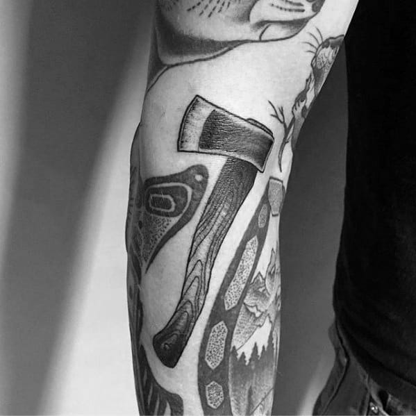 Creative Filler Wood Axe Outer Arm Tattoos For Men