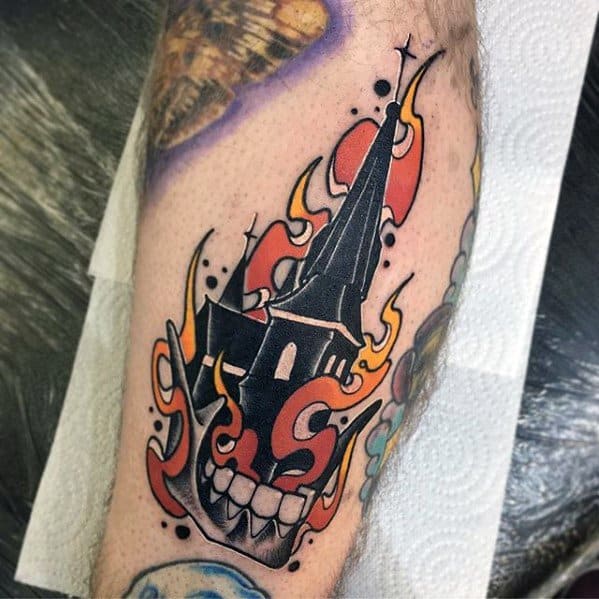 Creative Flaming Skull With Church Tower Tattoos For Men Leg