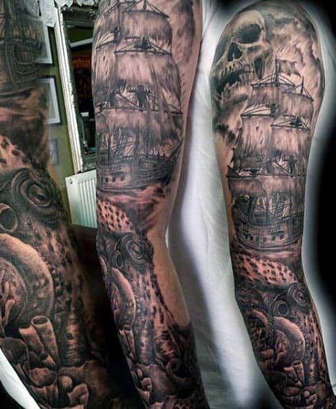 Creative Full Arm Sleeve Mens Nautical Themed Tattoo Design Ideas