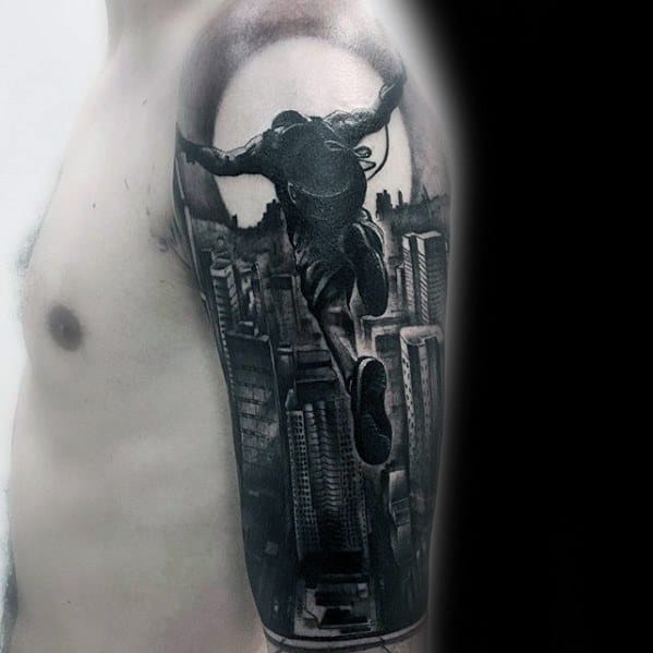 Creative Great Half Sleeve Man Jumping Off City Building Tattoos For Men