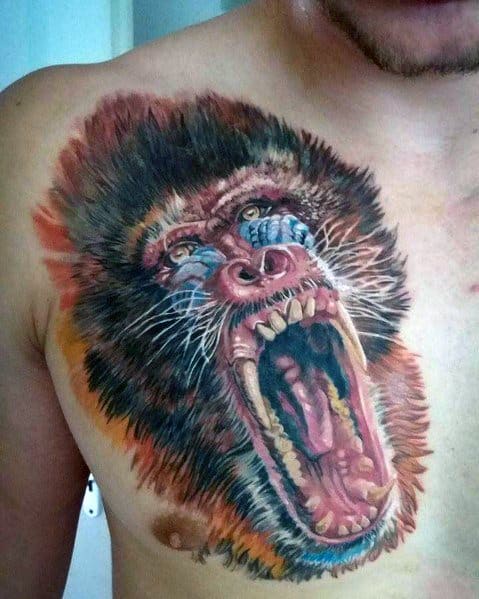 Creative Growling 3d Baboon Tattoos For Guys On Chest