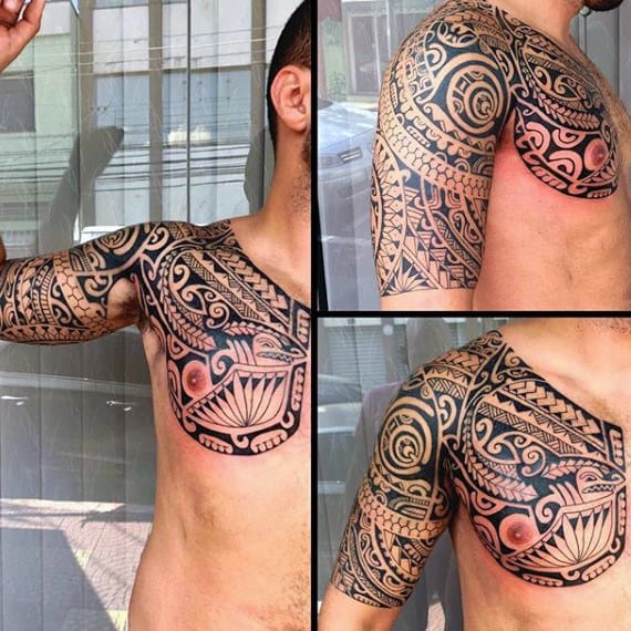 Creative Guys Chest And Tribal Half Sleeve Tattoos