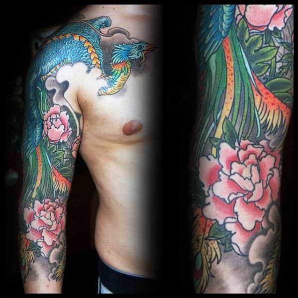 creative-guys-flower-with-phoenix-japanese-half-sleeve-tattoo