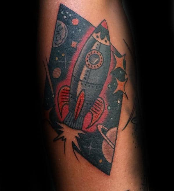 Creative Guys Forearm Tattoo Rocket Ship Design Inspiration