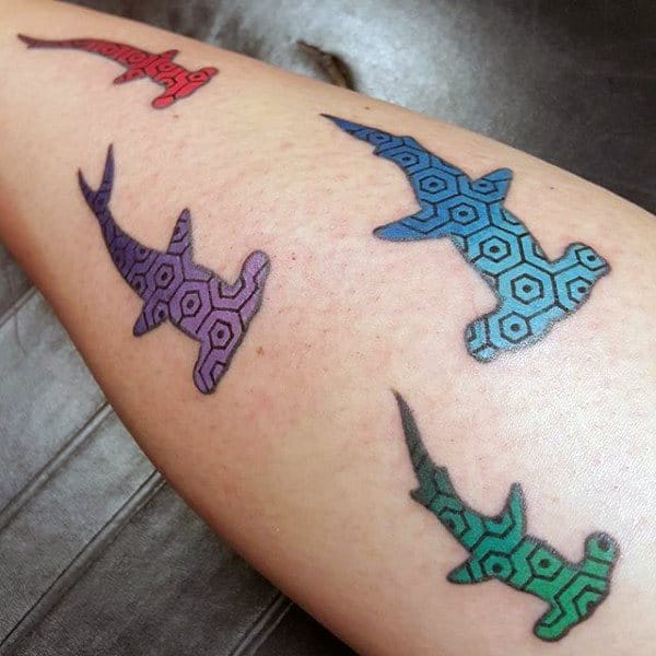 Creative Hexagon Hammerhead Shark Geometric Arm Tattoos