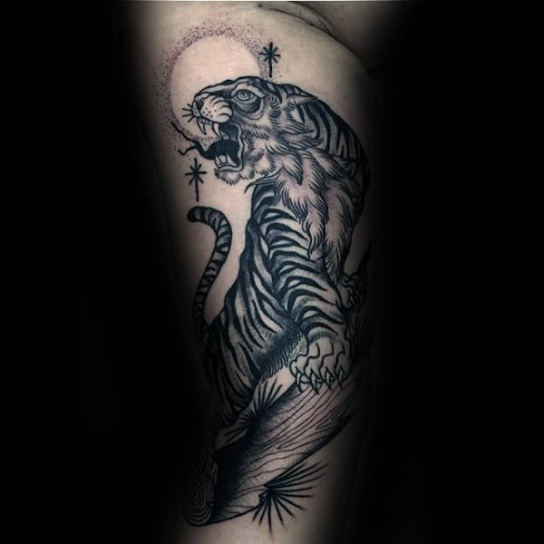 Creative Inner Arm Bicep Male Traditional Tiger And Moon Tattoos