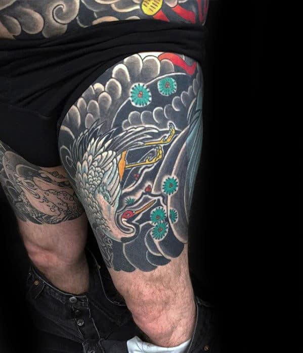 Creative Japanese Crane Tattoo For Men On Thigh
