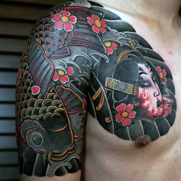 Creative Japanese Male Upper Chest Tattoos