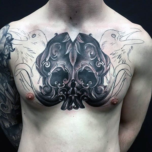 Creative Keyhole Skull With Filigree Design Mens Chest Tattoos