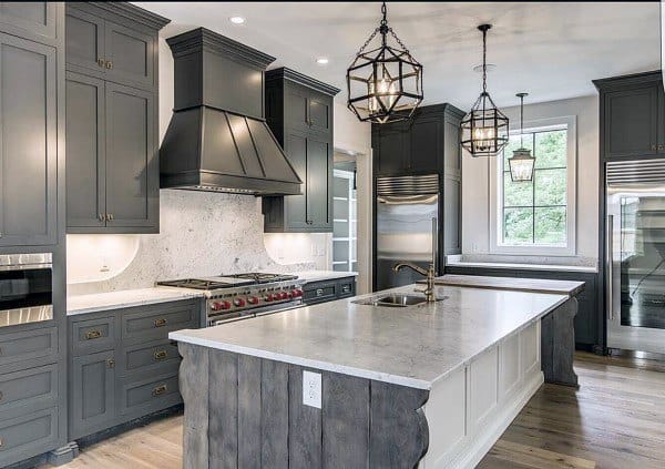 country kitchen with gray cabinets pendant lighting 