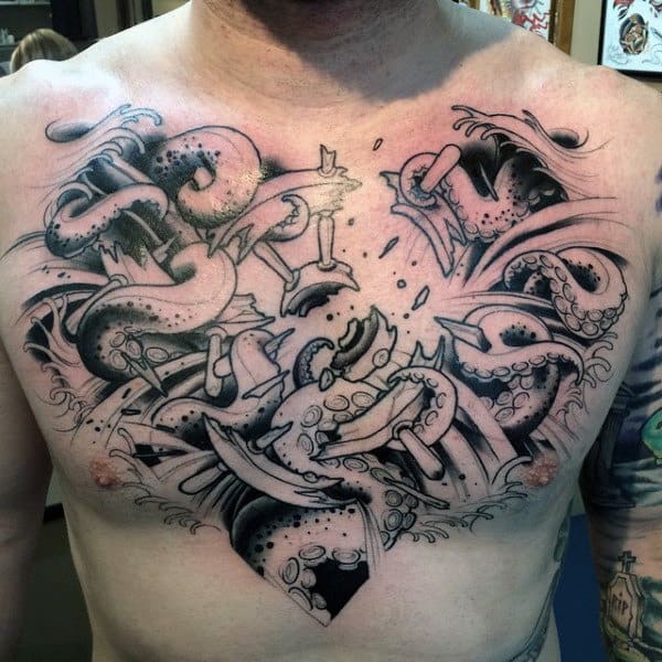 Creative Kraken Tearing Apart Ship Wheel Male Ches Tattoo Ideas