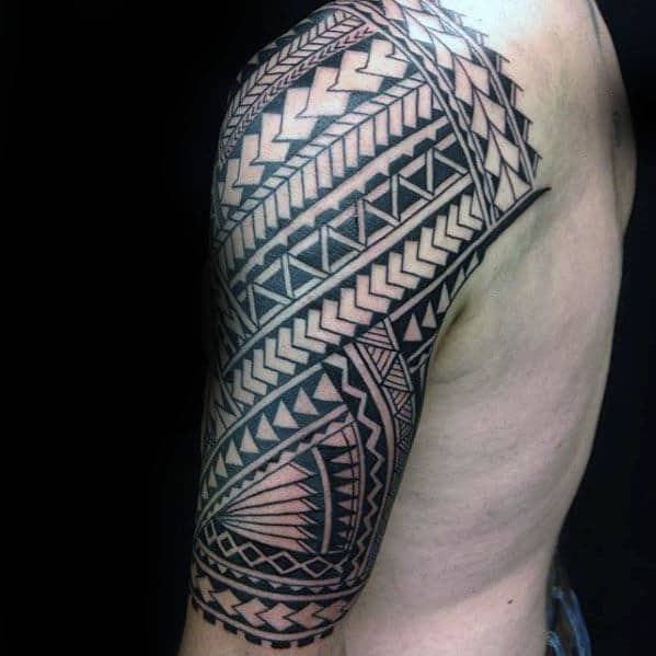 Creative Male Polynesian Half Sleeve Tattoo With Tribal Design