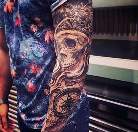 Creative Male Skull Tattoo Designs For Sleeves With Compass And Crown
