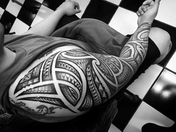 Creative Male Tribal Shoulder And Full Sleeve Tattoos Polynesian Design