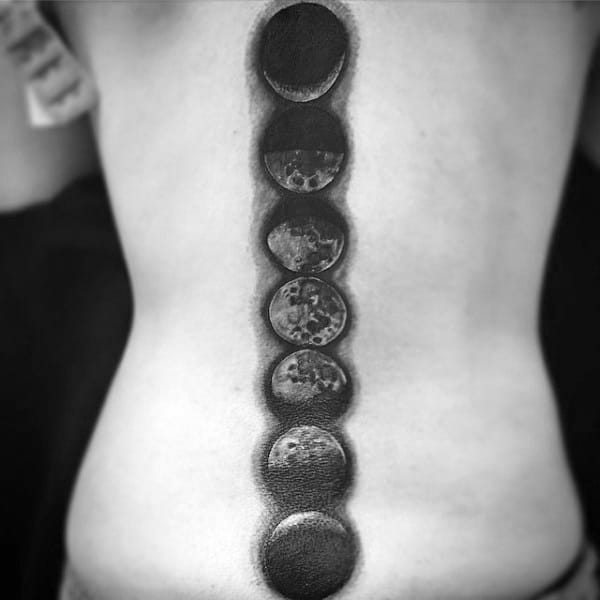 Creative Manly Moon Phases Shaded Black Ink Spine Tattoo Ideas