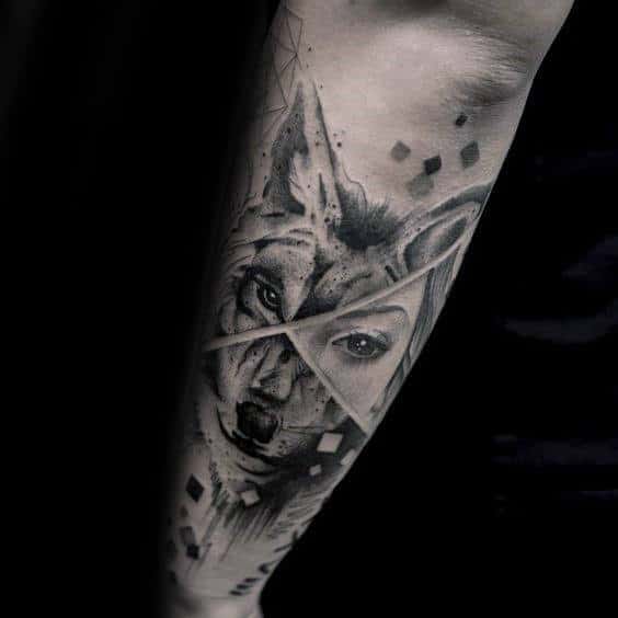Creative Mens Abstract Wolf Portrait Forearm Tattoo