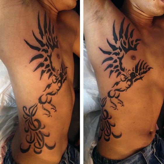 Creative Mens Full Rib Cage Side Phoenix Black Ink Tattoo Design Ideas
