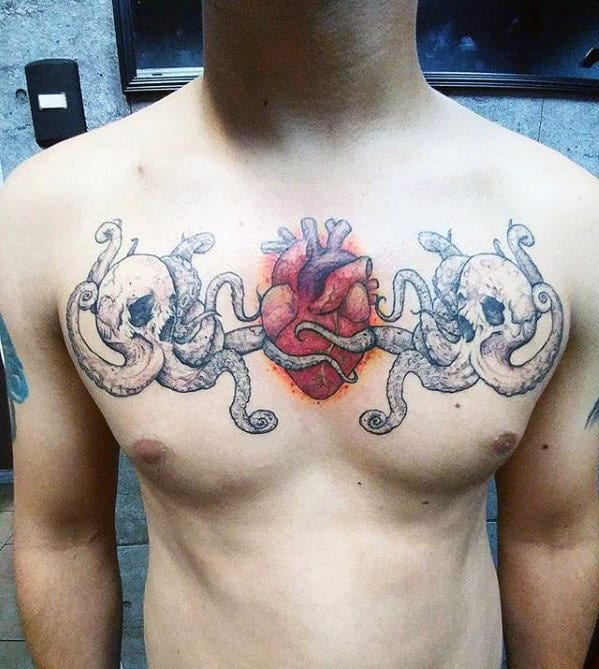 Creative Mens Octopus Heart Chest Tattoo