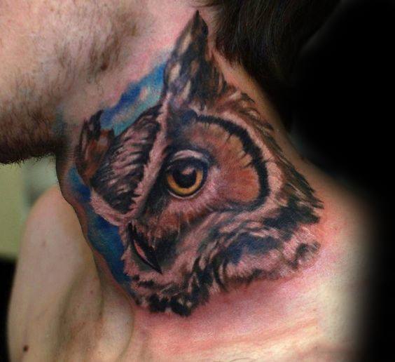 Creative Mens Owl Neck Tattoo Design Ideas