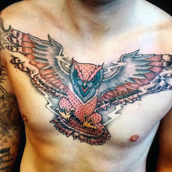 Creative Mens Upper Chest Owl Tattoos