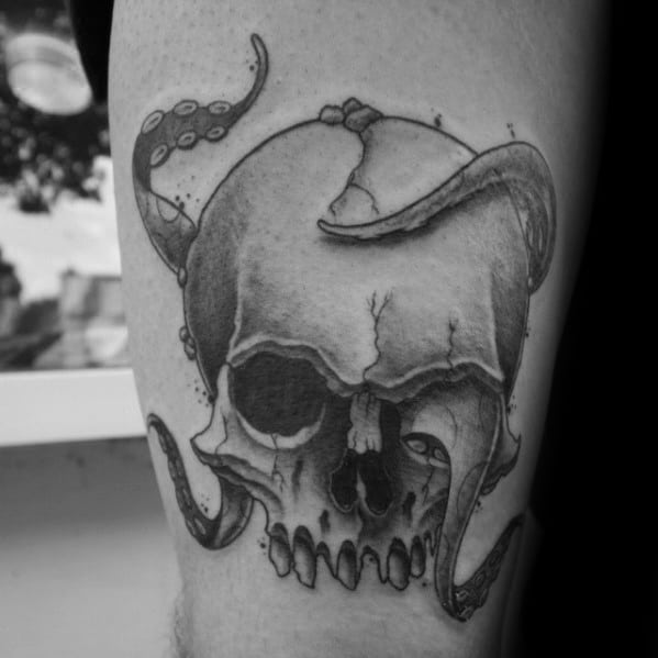 Creative Octopus Skull Tattoos For Men On Thigh