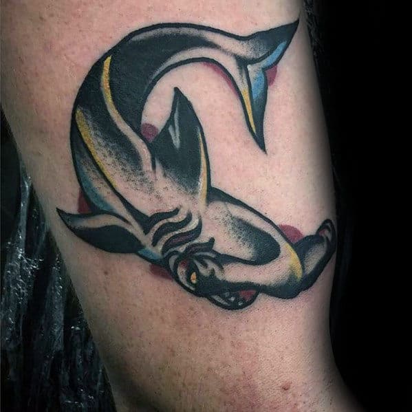 Creative Old School Traditional Guys Shark Tattoo On Arm