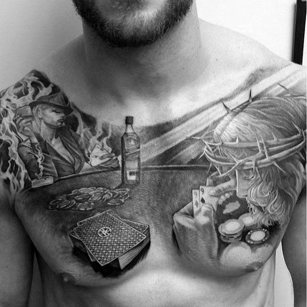 Creative Poker Players With Chips And Cards Themed Upper Chesttattoos For Men