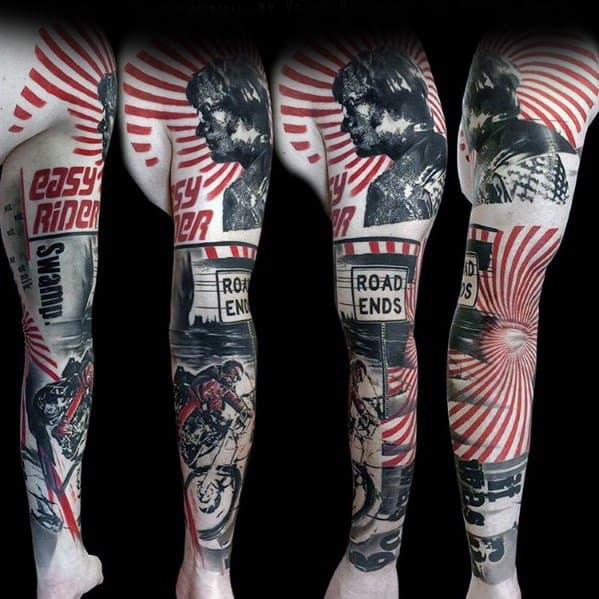 Creative Red And Black Full Arm Trash Polka Sleeve Tattoos For Men