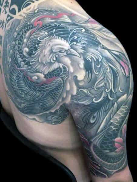 Creative Shaded Mens Japanese Phoenix Shoulder And Arm Tattoo Ideas
