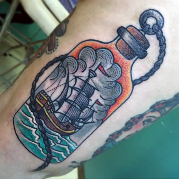 Creative Ship In A Bottle Mens Tattoo With Old School Design