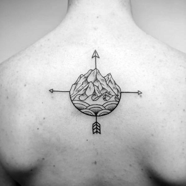 Creative Simple Mountain Compass Tattoos For Guys On Upper Back