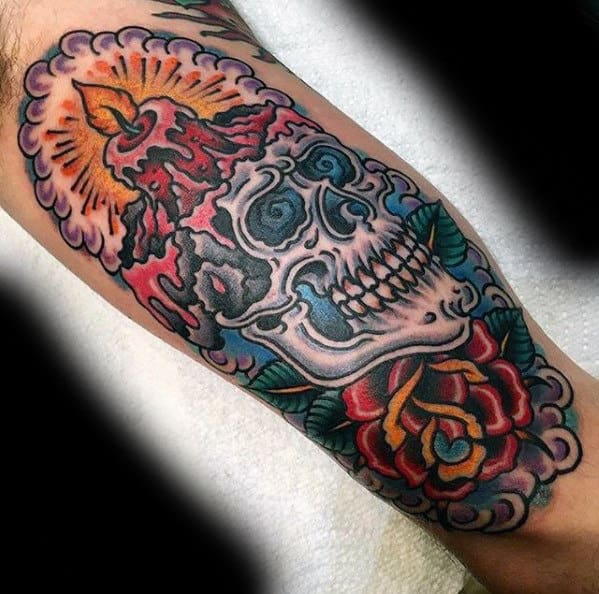 Creative Skull Candle With Rose Flower Guys Traditional Arm Tattoo