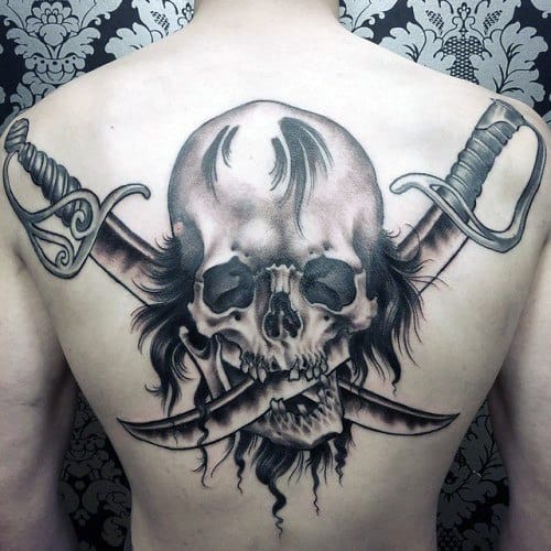 Creative Skull With Swords Back Tattoos For Men