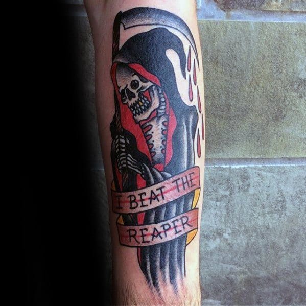 Creative Traditional Beat The Reaper Leg Tattoos For Men