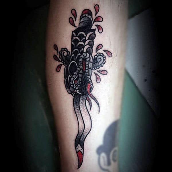 Creative Traditional Dagger Snake Drops Mens Leg Tattoo
