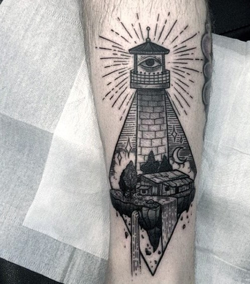 Creative Triangle Lighthouse Tattoo With Eye For Men