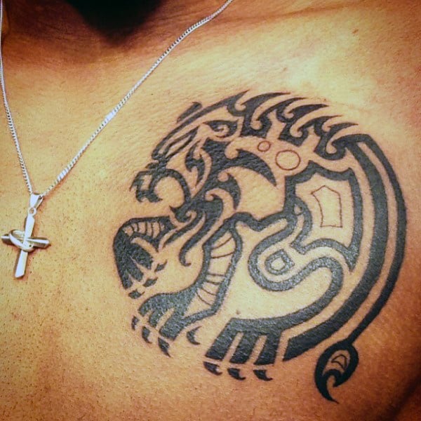 Creative Tribal Lion Black Ink Male Chest Tattoos