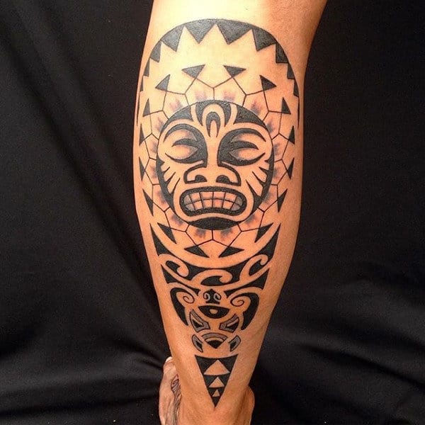 Creative Tribal Sun Maori Male Tattoo On Leg Calf