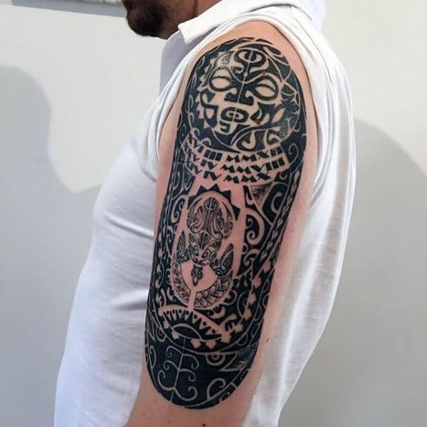 Creative Tribal Turtle Hawaiian Male Arm Black Ink Tattoo Inspiration