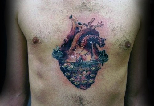 Creative Typewriter Heart Chest Tattoos For Men