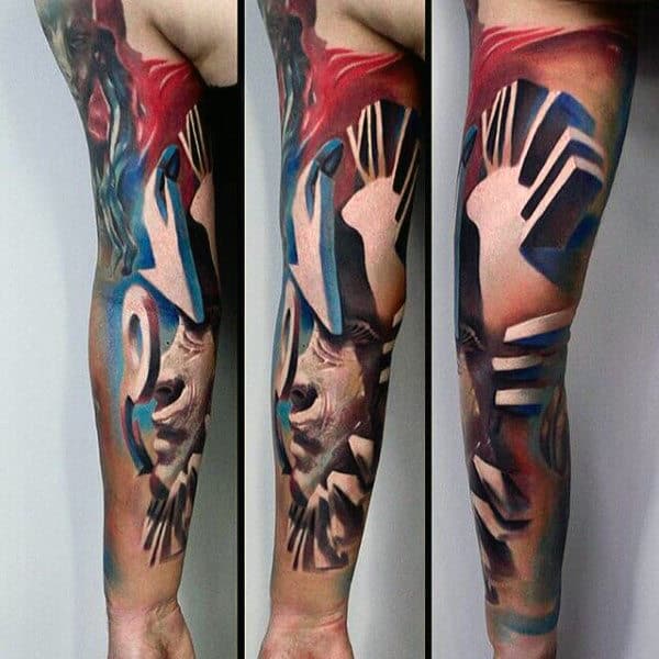 Creative Unique Mens Blue And Red Ink Abstract Sleeve Tattoos