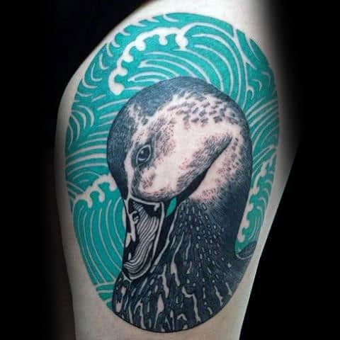 Creative Unique Realistic Black And White Duck Portrait With Graphic Background Tattoo On Man