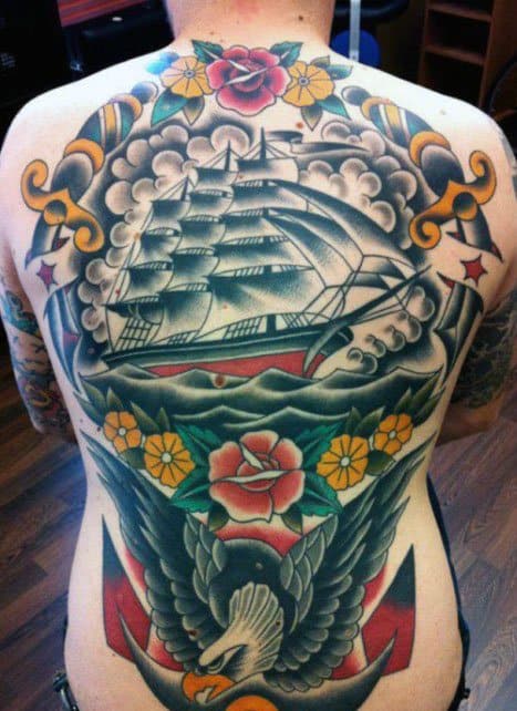 Creative Vintage Nautical Themed Back Tattoos For Men