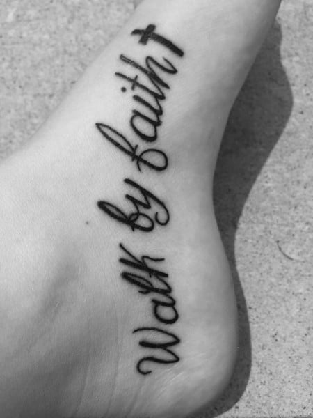 Walk By Faith Lettering With Cross Tattoo On Right Foot By Shilpa