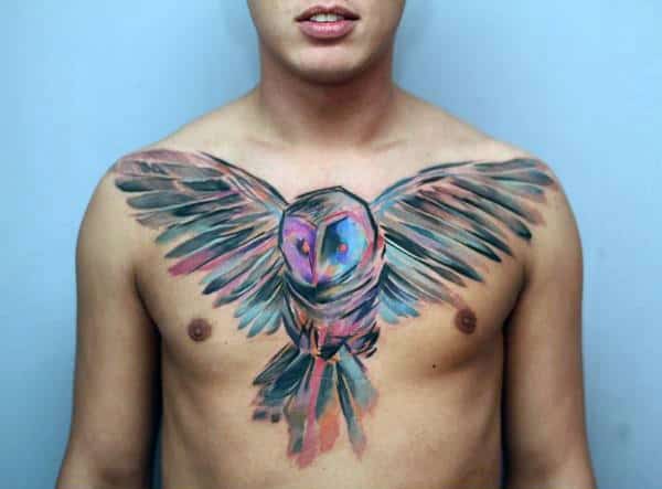 Creative Watercolor Male Upper Chest Owl Tattoo Designs